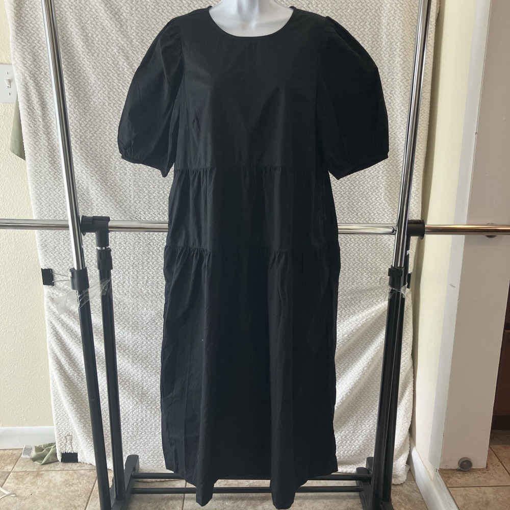 Old Navy Babydoll‎ Maxi Dress Large Black Tiered Smocked Puff Sleeve